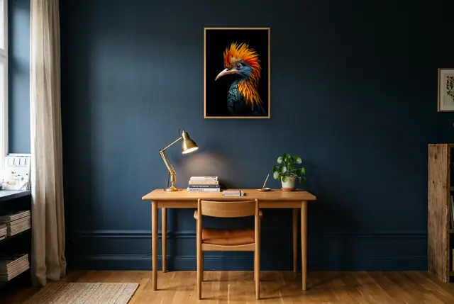 Kleurrijke paradijsvogel poster boven het bureau