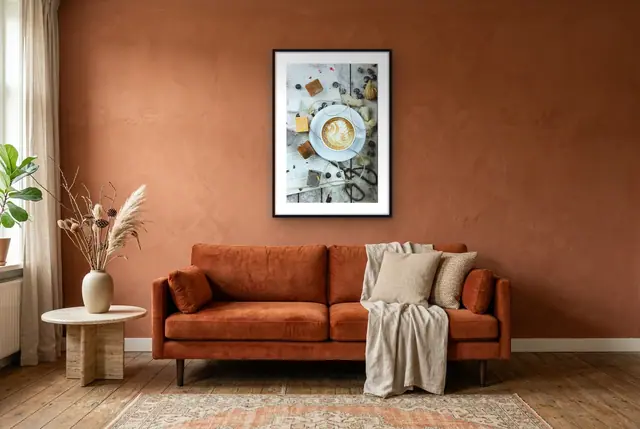 Koffietafel stilleven poster in de woonkamer