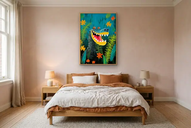 Krokodil in jungle poster boven het bed