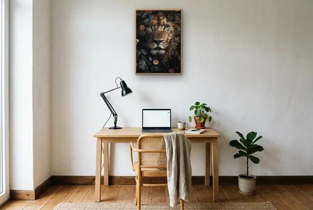 Leeuw in woud poster boven het bureau