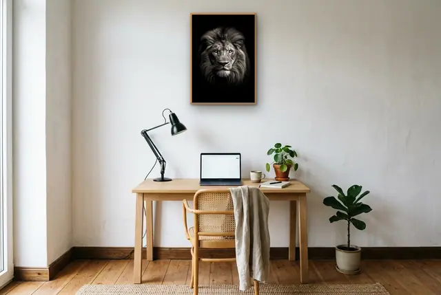 Krachtige leeuw poster boven het bureau