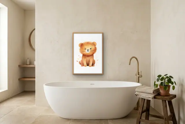 Lieve leeuw poster in de badkamer