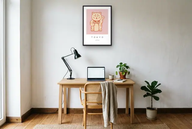 Tokyo Lucky Cat poster boven het bureau