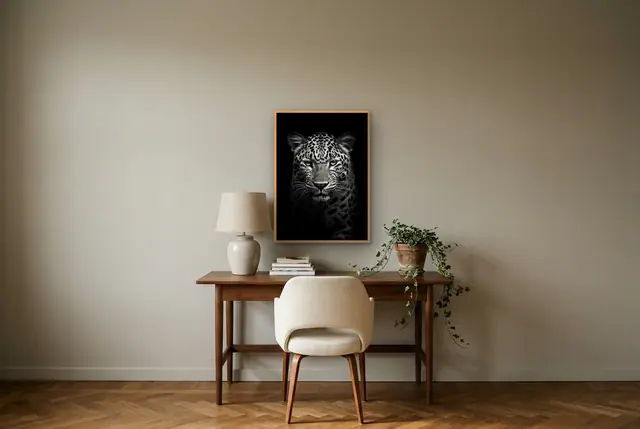 Zwart-wit luipaard poster boven het bureau