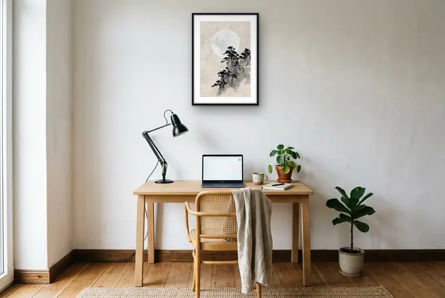 Maan en bergen poster boven het bureau