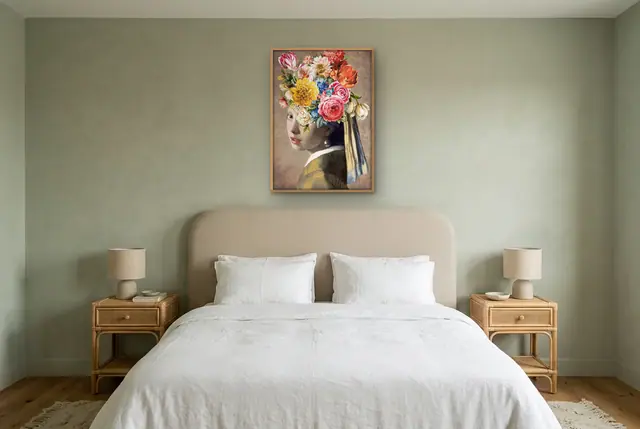 Parelmeisje met bloemen poster boven het bed