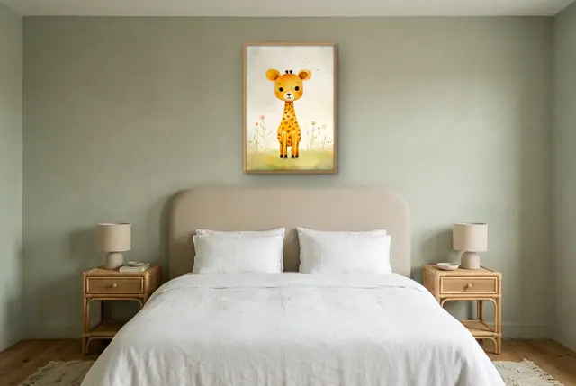 Baby giraffe poster boven het bed