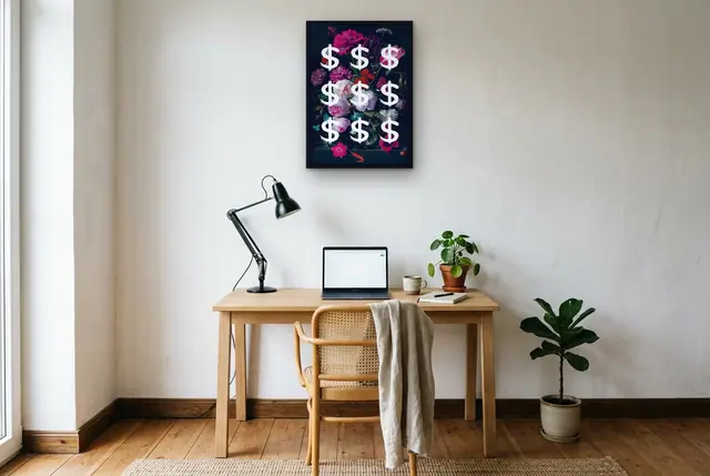 Money stilleven poster boven het bureau