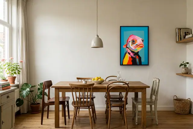 Neon vis poster boven de eettafel