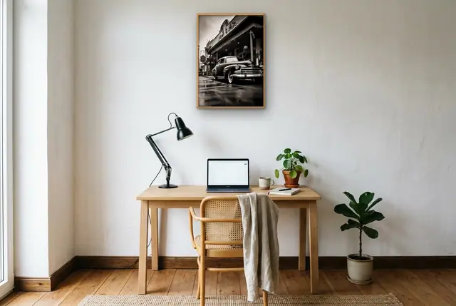 Oldtimer in stad poster boven het bureau