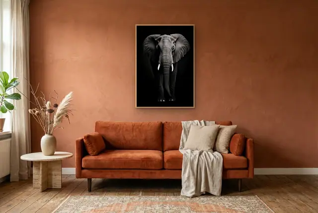 Zwart wit olifant poster in de woonkamer