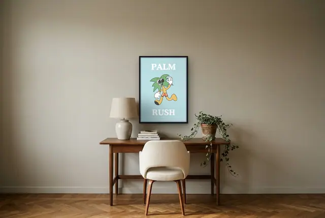 Palm Rush poster boven het bureau