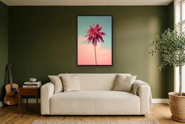 Rode palmboom poster in de woonkamer