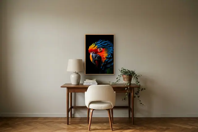 Blauwe papegaai poster boven het bureau