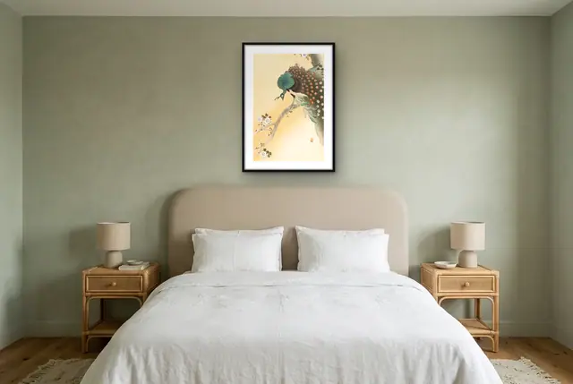 Pauw op tak poster boven het bed