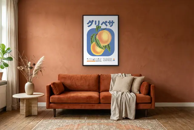 Vintage perzik poster in de woonkamer