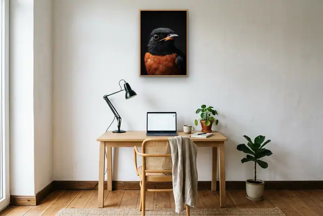 Vogel portret poster boven het bureau