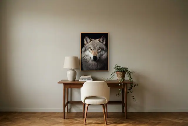 Wolf portret poster boven het bureau