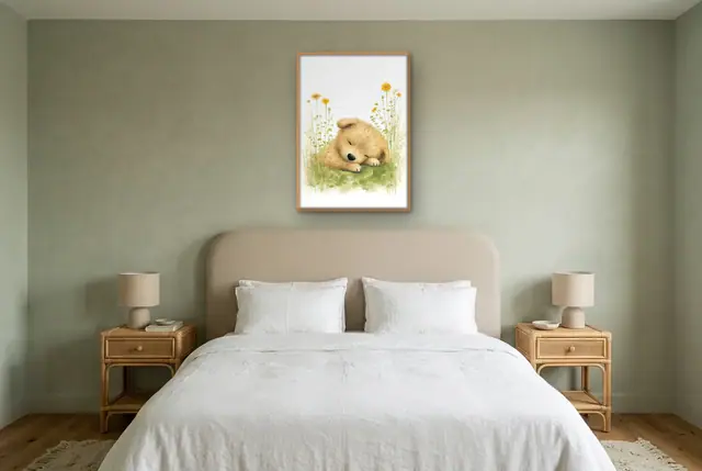 Slapende puppy poster boven het bed