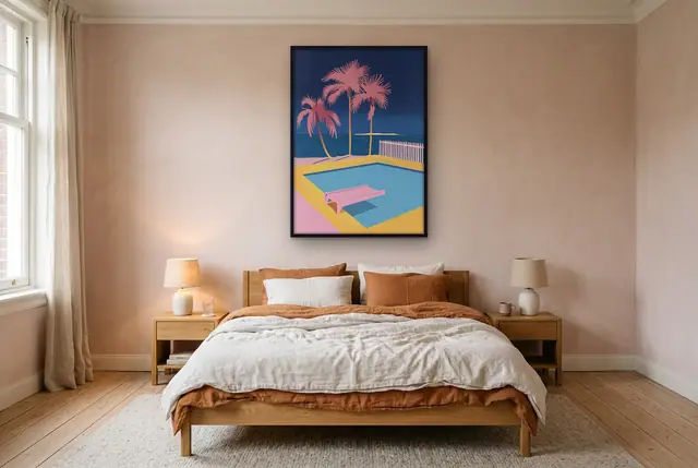 Retro resort zwembad poster boven het bed
