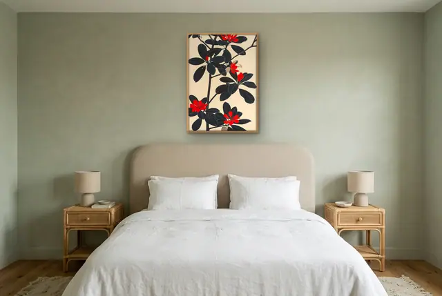 Rode bloesem poster boven het bed