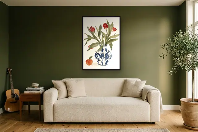Rode tulpen poster in de woonkamer