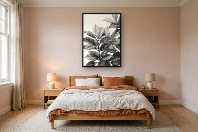 Rubberboom bladeren poster boven het bed