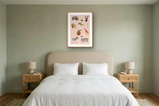 Safari dieren poster boven het bed