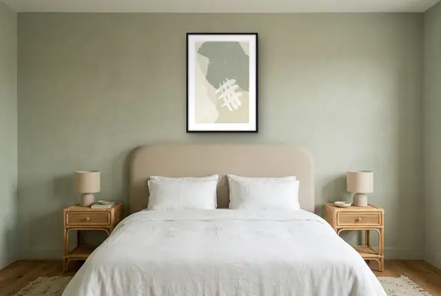 Simplistische vormen poster boven het bed