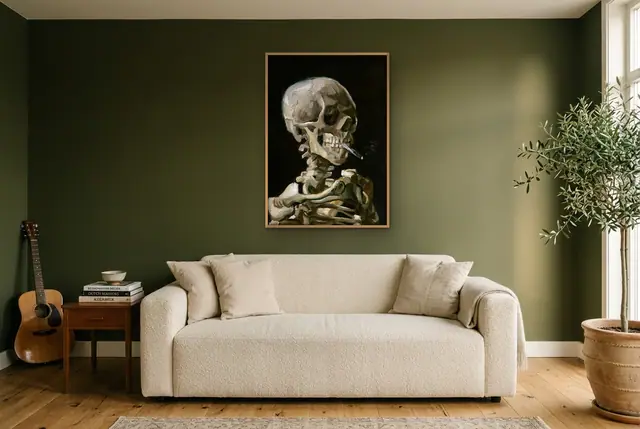 Skelet met sigaret poster in de woonkamer