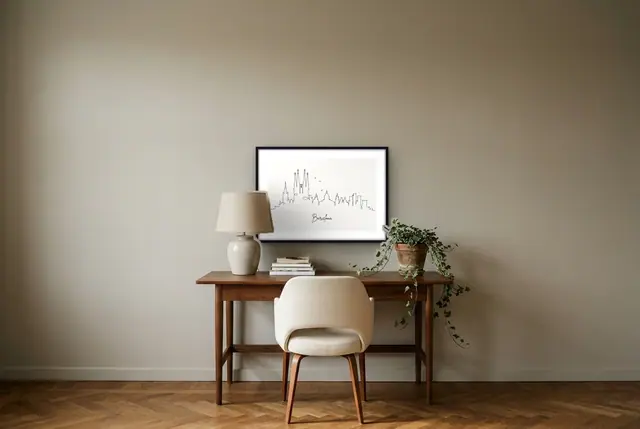 Skyline Barcelona poster boven het bureau