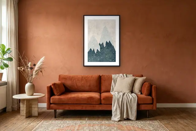 Besneeuwde bergen poster in de woonkamer