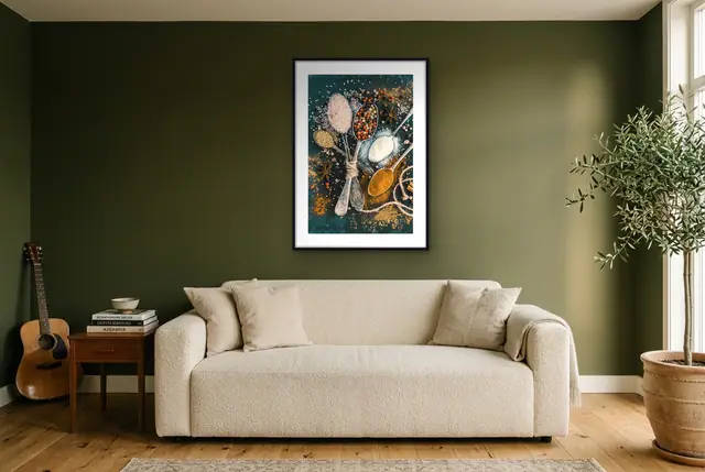 Specerijen op lepels poster in de woonkamer