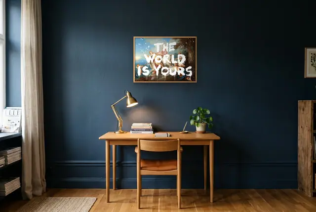 The World Is Yours poster boven het bureau