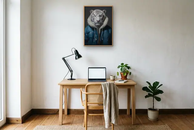 Tijger in winterjas poster boven het bureau