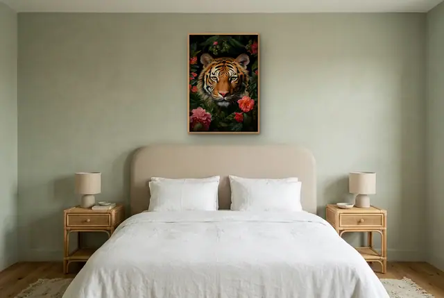 Tijger in bloemen poster boven het bed