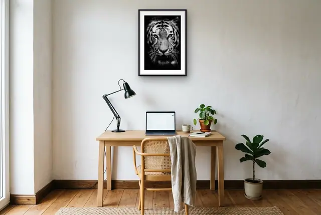 Zwart-wit tijger poster boven het bureau