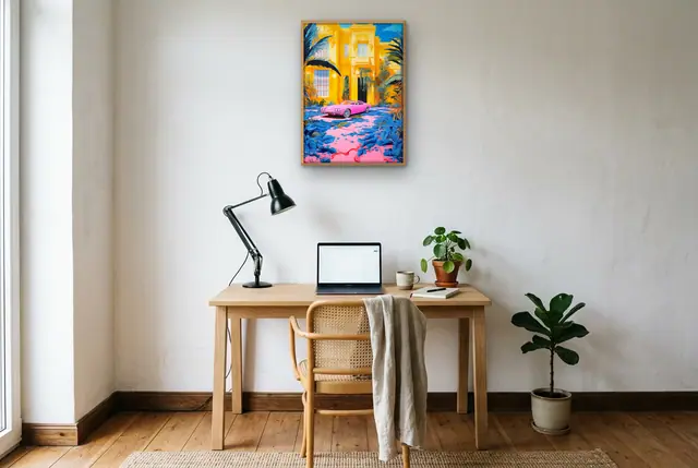 Tropisch landhuis poster boven het bureau