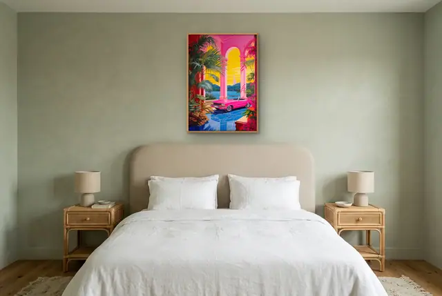 Tropische auto poster boven het bed