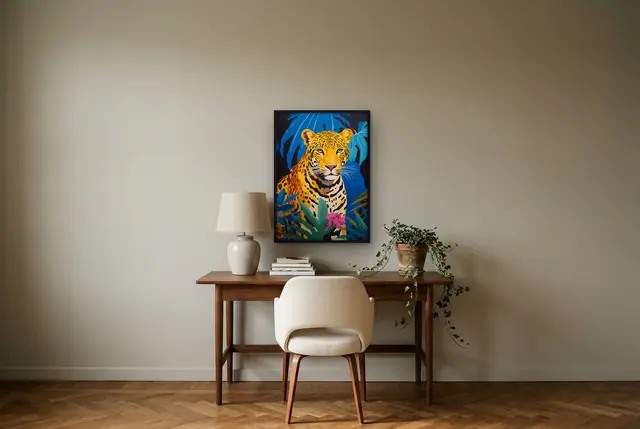 Tropische jaguar poster boven het bureau