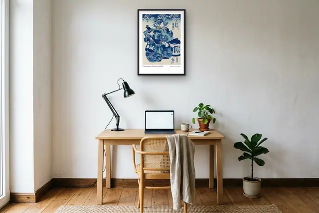 Kuniyoshi Tamaya Usugumo poster boven het bureau