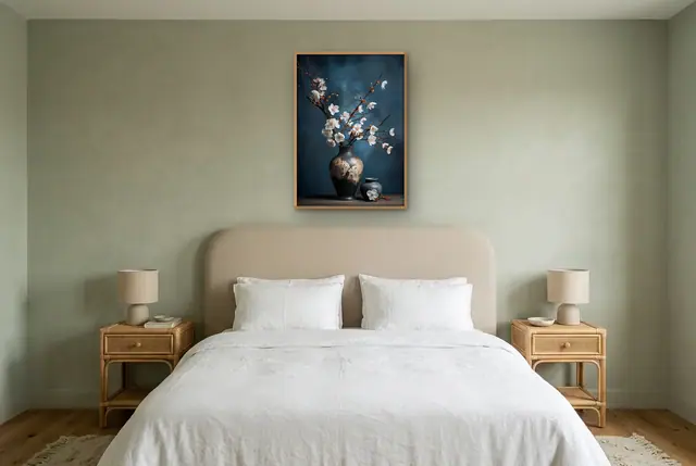 Vaas met bloesem poster boven het bed