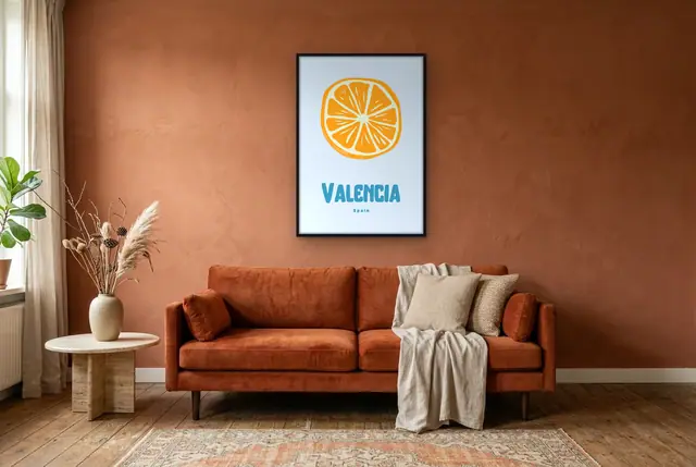 Valencia sinaasappel poster in de woonkamer