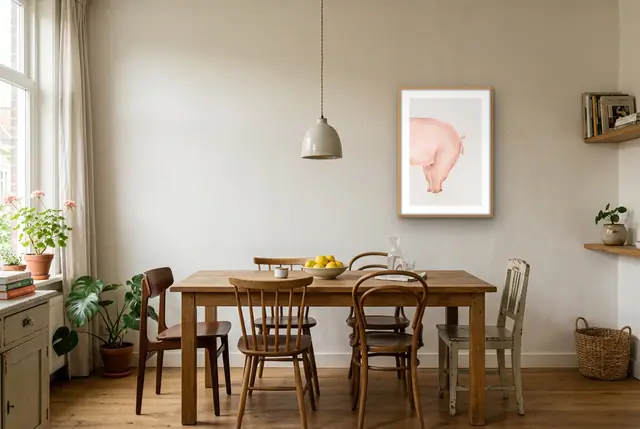 Varken achterwerk poster boven de eettafel