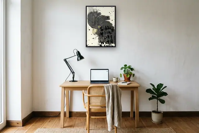 Vintage kaketoe poster boven het bureau