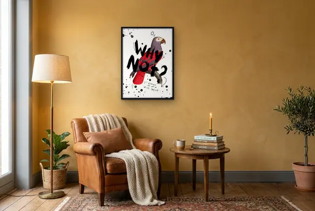 Vintage papegaai poster in de leeshoek