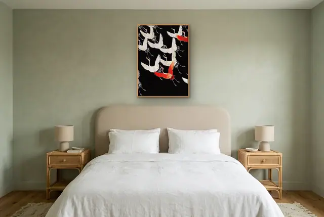Vliegende kraanvogels poster boven het bed