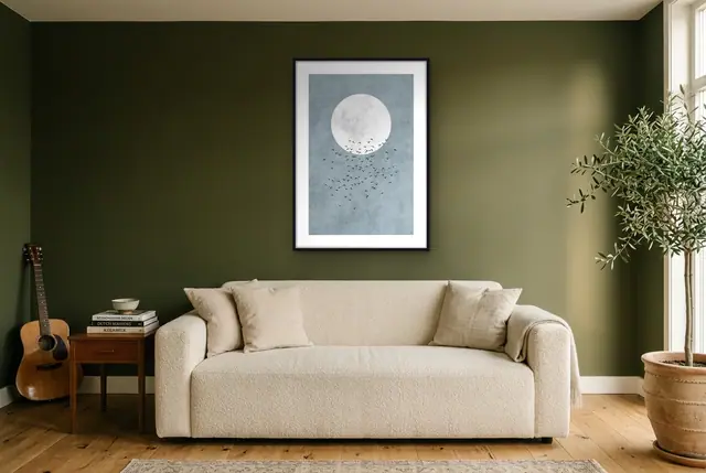 Vogels en maan poster in de woonkamer