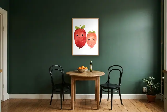 Vrolijke aardbeien poster boven de bistrotafel