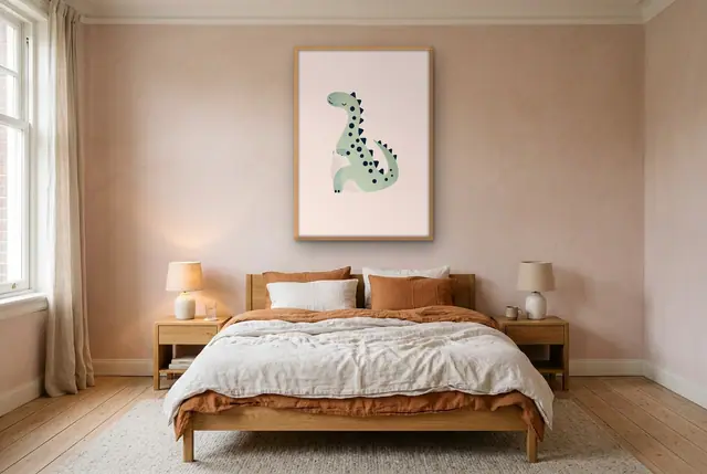 Vrolijke dino poster boven het bed